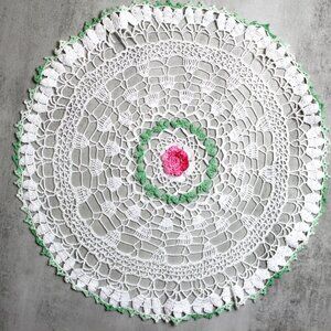 Vintage Hand Made Doily Round White Pinks Reds Green Boho Cottage Farmhouse 12"